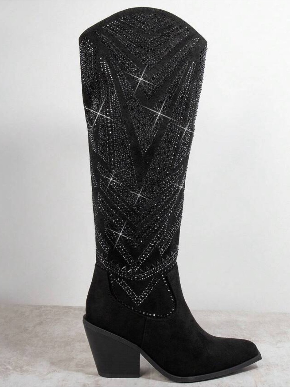 Black Embellished Pointed-Toe Knee-High Boots